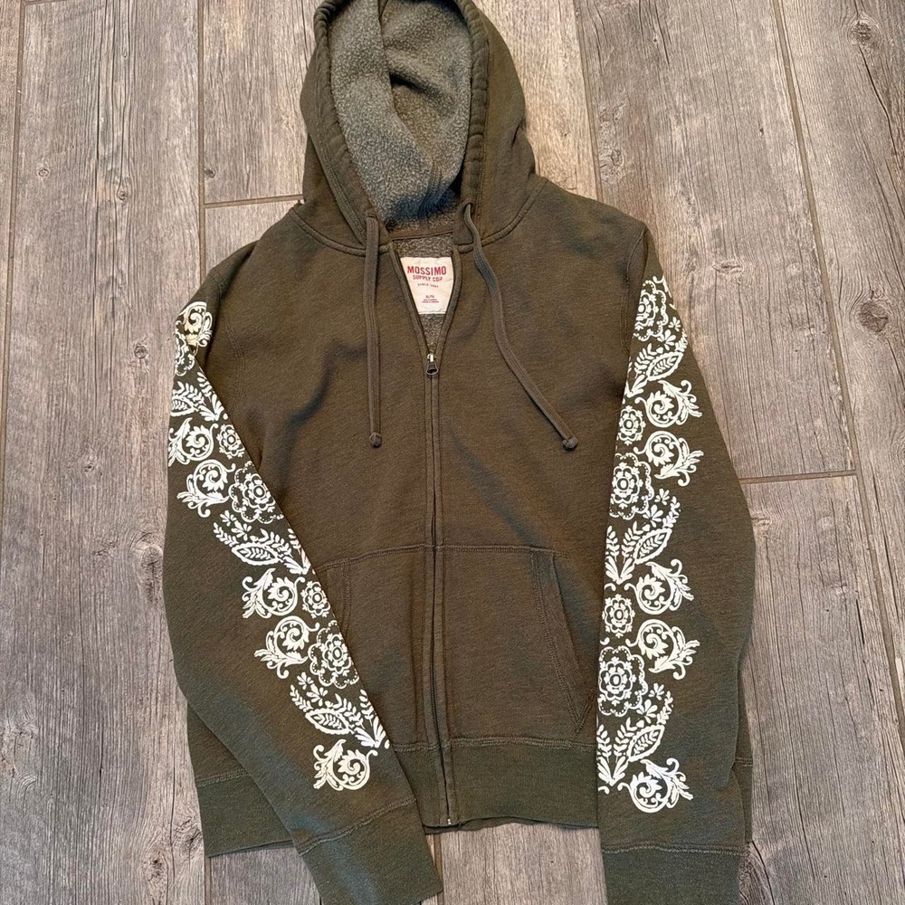 Mossimo olive green zip up hoodie with white floral and paisley embroidery